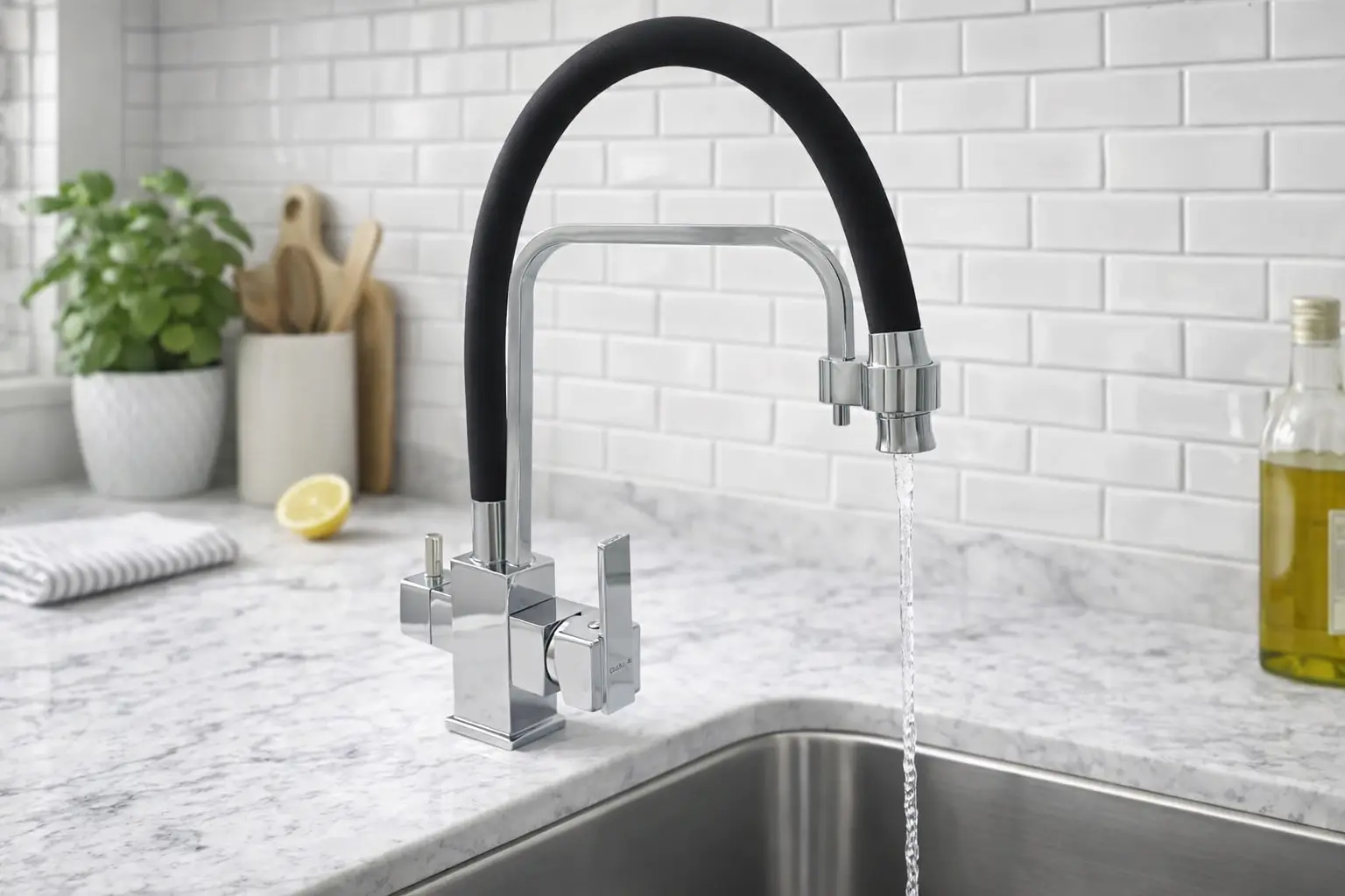 Змішувач для мийки під фільтр гнучкий гусак чорний, MILLZ 